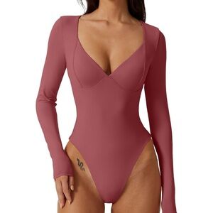 Qinsen Long Sleeve V-Neck Bodysuit - Mauve size Medium